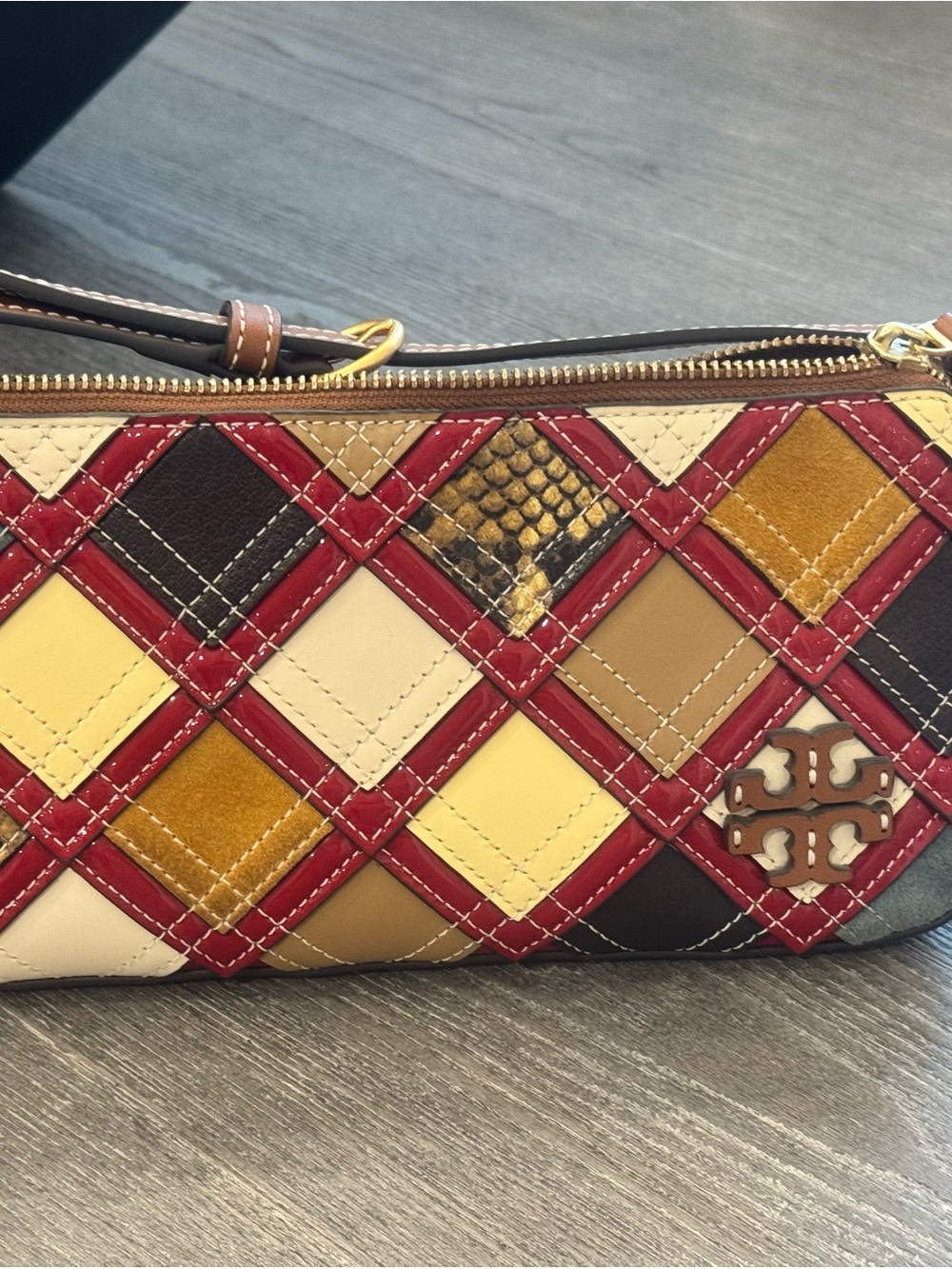Tory Burch Patchwork Quilted Leather Wristlet in Red, Cream, Tan & Brown - Picture 3 of 5